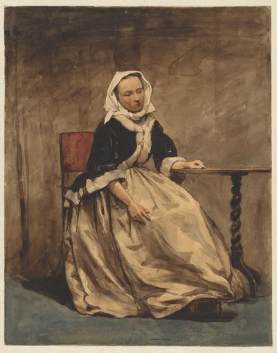 Mujer sentada junto a una pequeña mesa de Jan Weissenbruch