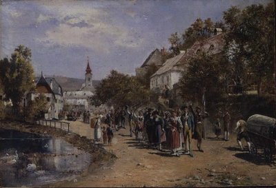 Procesión en una calle de un pueblo en Austria de Johann Hamza