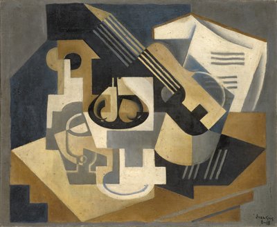 Guitarra y cuenco de frutas en una mesa de Juan Gris