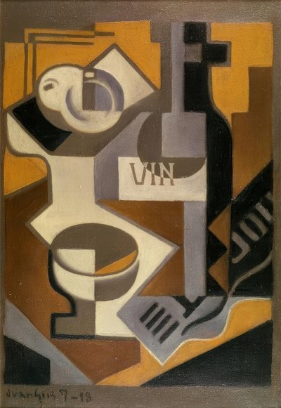 Naturaleza muerta con botella de vino de Juan Gris