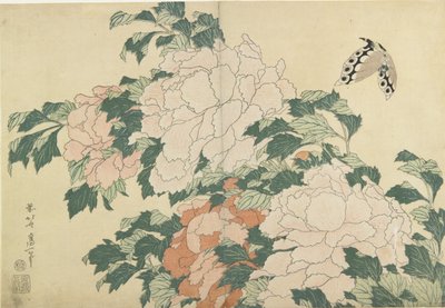 Peonías y Mariposa, c. 1830-1831 de Katsushika Hokusai