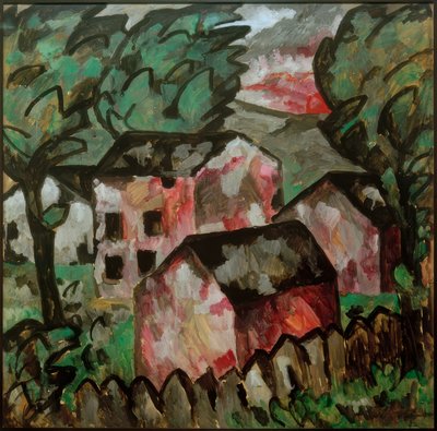 Paisaje con tres casas rojas de Kazimir Severinovich Malevich