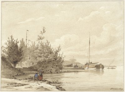 Paisaje con barcos amarrados en la orilla de un río de Lambertus  Hardenberg