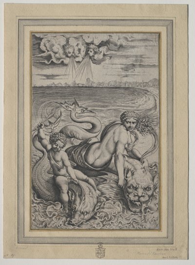 Amor y Cupido Llevados por Delfines, 1500s de Marco Dente