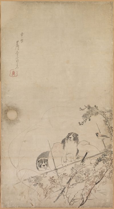 Puppies, Sparrows and Chrysanthemums de Nagasawa Rosetsu