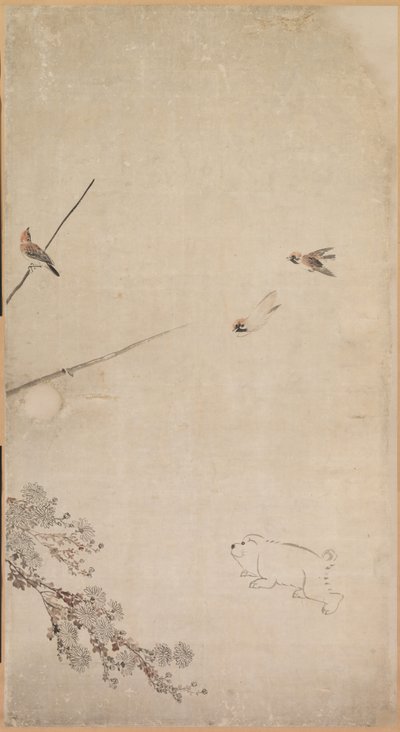 Puppies, Sparrows and Chrysanthemums de Nagasawa Rosetsu