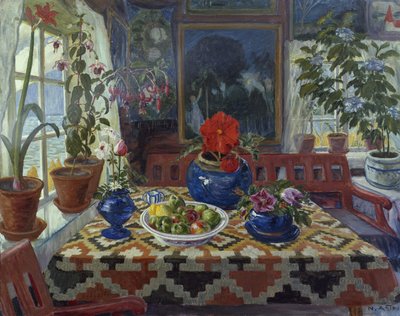 Interior con una gran olla azul de Nikolai Astrup