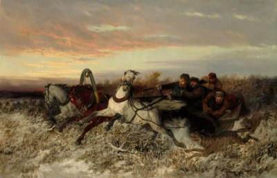 Trineo tirado por caballos, perseguido por lobos de Nikolai Jegorowitsch Swertschkow