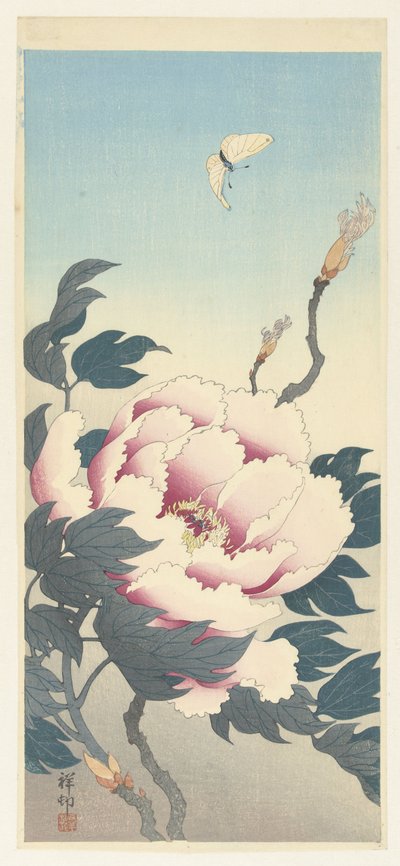 Peonía y mariposa de Ohara Koson