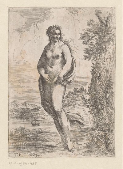 Mujer desnuda de pie en el paisaje de Pier Francesco Mola