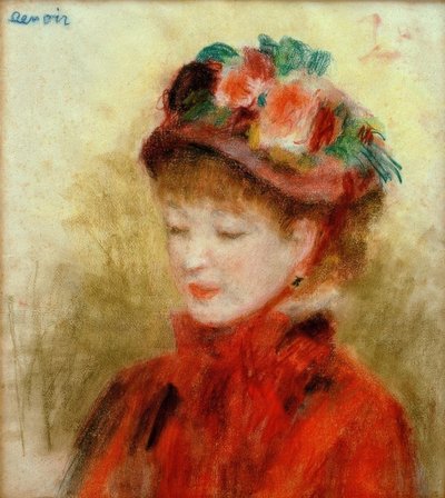 Joven mujer con sombrero de flores de Pierre Auguste Renoir