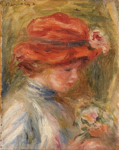 Mujer joven con sombrero rojo de Pierre Auguste Renoir