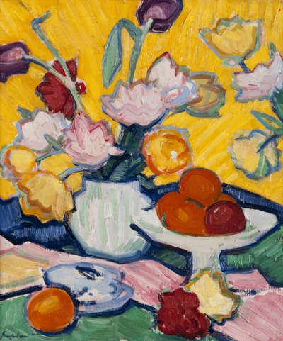 Tulipanes en un jarrón de cerámica, 1910-14 de Samuel John Peploe