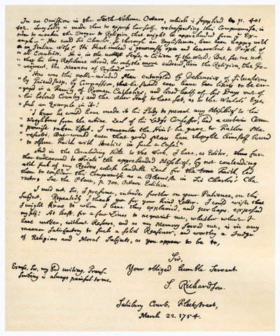 Carta de Samuel Richardson, 22 de marzo de 1754 de Samuel Richardson