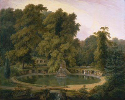 Templo, fuente y cueva del parque de Sezincote de Thomas Daniell