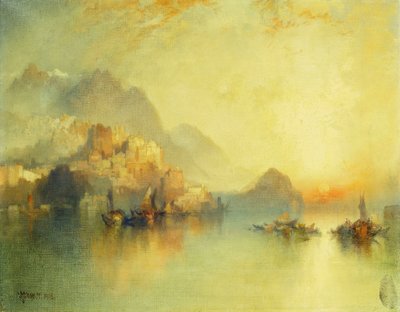 Un Pueblo en la Ladera al Atardecer, 1918 de Thomas Moran