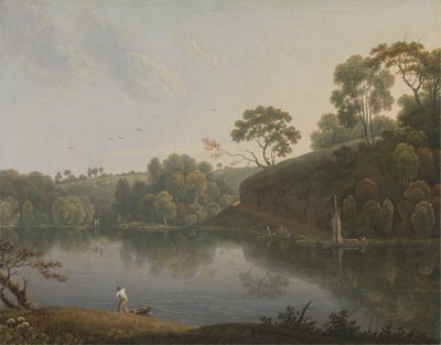 Paisaje con lago y barcos de Thomas Wright