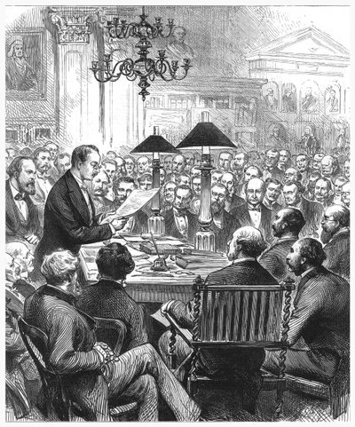 Heinrich Schliemann dando una conferencia en Londres, 1877 de Unbekannt