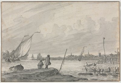 Vista de Alkmaar con barcos, 1600s de Unbekannt