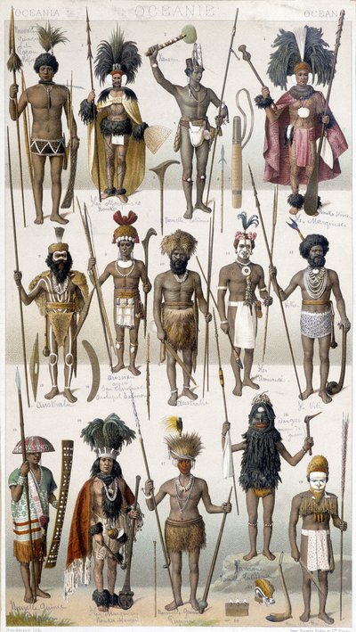 Diferentes trajes de guerreros de Oceanía. de Unknown artist