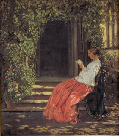 Dama leyendo fuera de una puerta de jardín de Vilhelm Kyhn