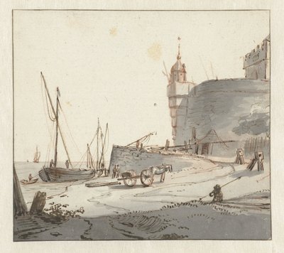 Vista de un puerto cerca de una muralla de Willem Schellinks