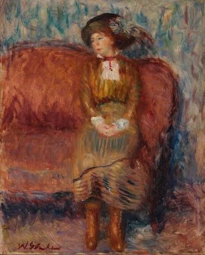 mujer sentada en un sofá rojo de William James Glackens