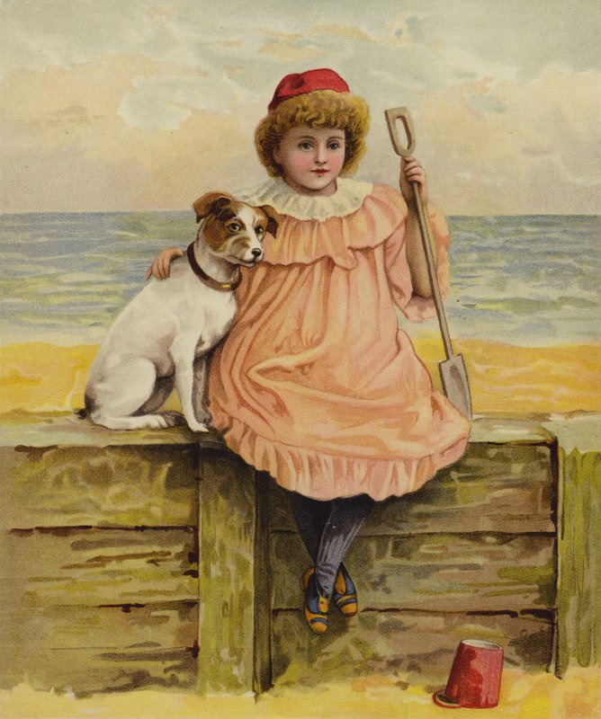 Una niña sentada con su perro en la playa de English School