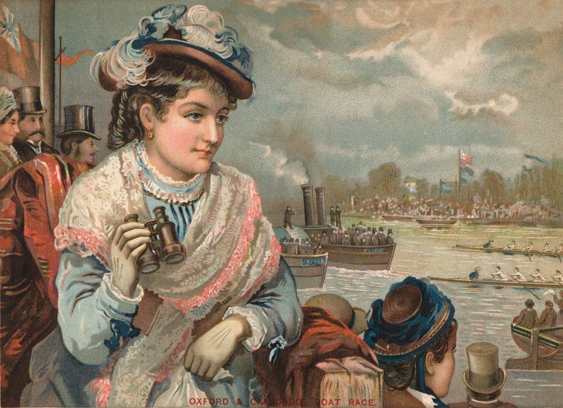 Dama viendo la carrera de botes de Oxford y Cambridge, c. 1890 de English School