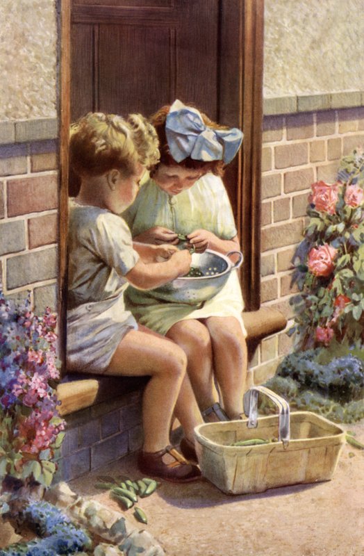 Niño y niña desgranando guisantes de English School