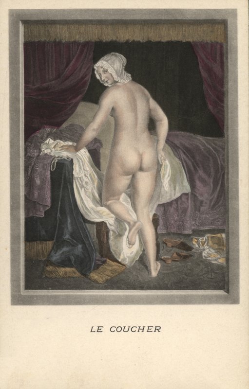 Mujer metiéndose en la cama de French School