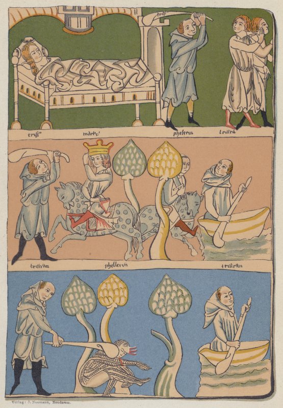 Miniaturas del manuscrito de Múnich del siglo XIII de Tristan e Isolda de Gottfried von Strassburg de German School