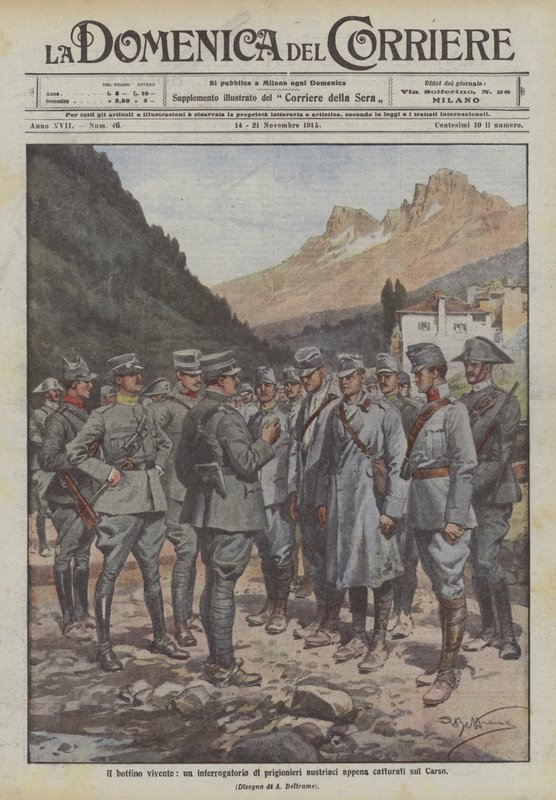 El botín viviente, un interrogatorio de prisioneros austriacos recién capturados en el Carso de Achille Beltrame