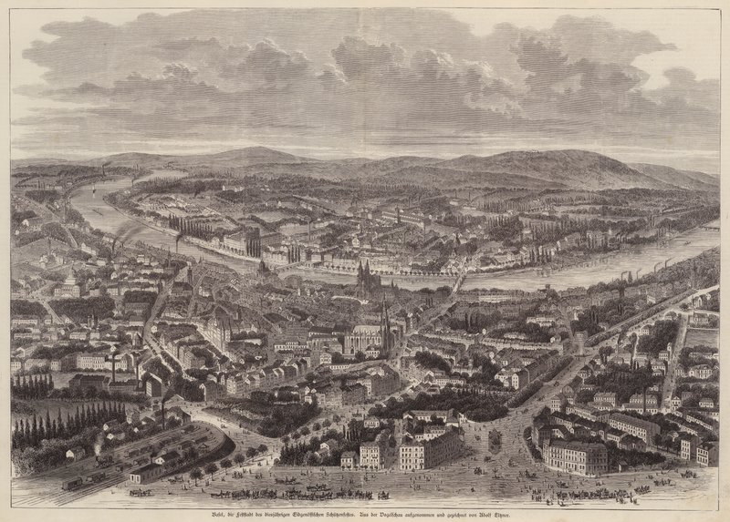 Vista aérea de Basilea, Suiza (grabado) de Adolf Eltzner