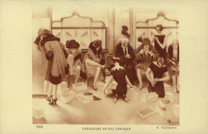 Mujeres probándose zapatos en una zapatería de Albert Guillaume