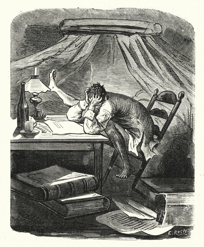 Hombre leyendo en una mesa (grabado) de Albert Robida