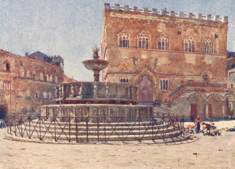 Piazza S Lorenzo, Perugia (litografía en color) de Alberto Pisa