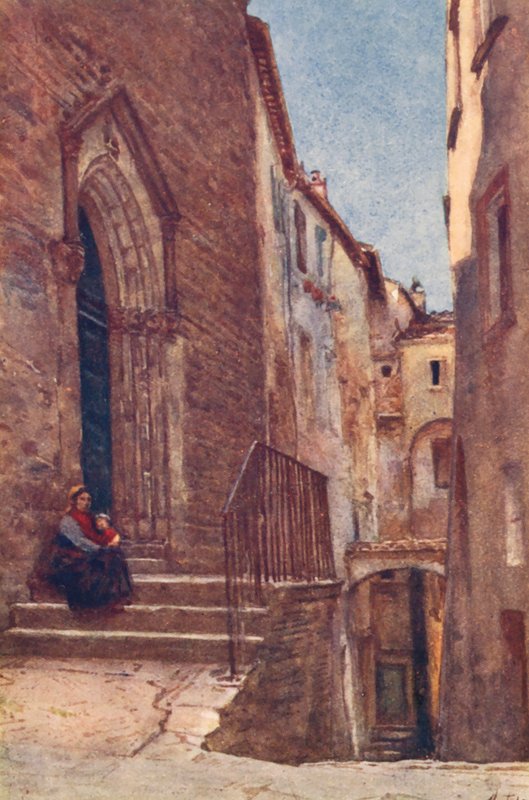 Vicolo S Agnese, Perugia (litografía en color) de Alberto Pisa