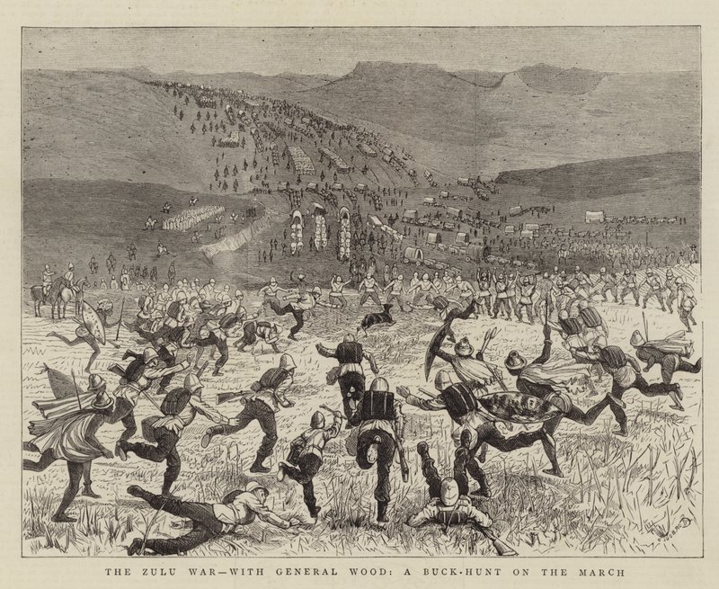 La guerra zulú, con el General Wood, una caza de antílopes en la marcha de Alfred Chantrey Corbould