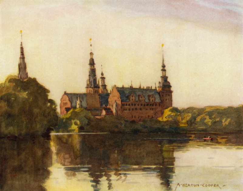 Dinamarca: Castillo de Frederiksborg (litografia en color) de Alfred Heaton Cooper