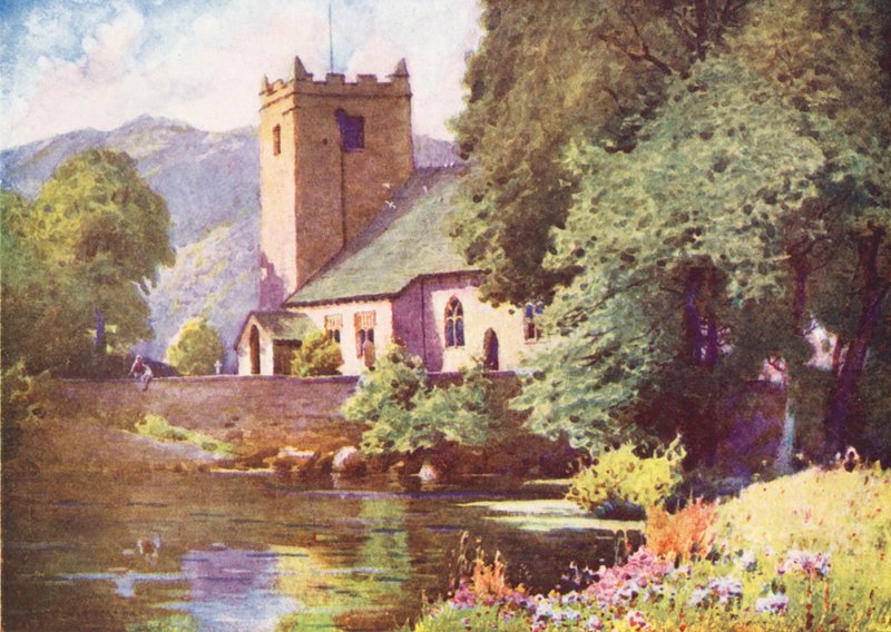 Distrito de los Lagos: Iglesia de Grasmere (litografía en color) de Alfred Heaton Cooper