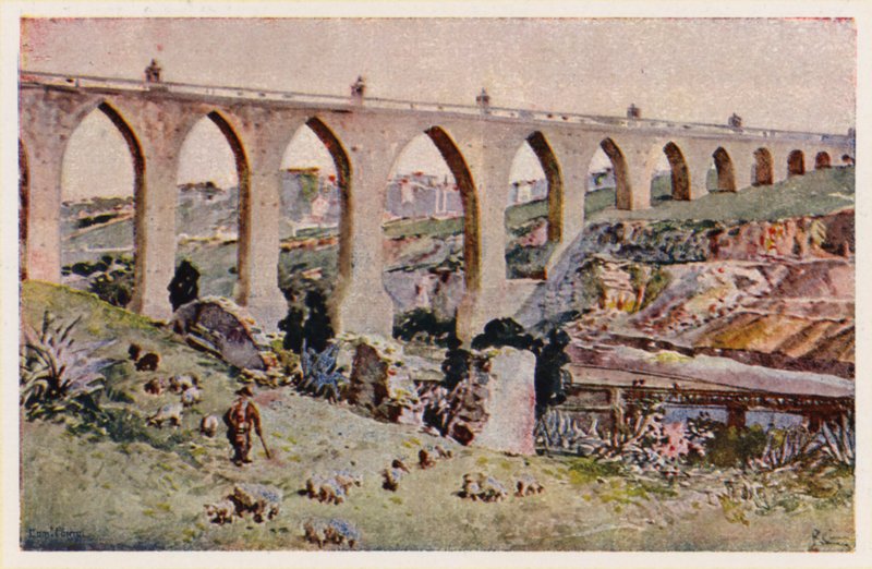 Acueducto de Aques Livres, Lisboa (litografía en color) de Alfredo Roque Gameiro