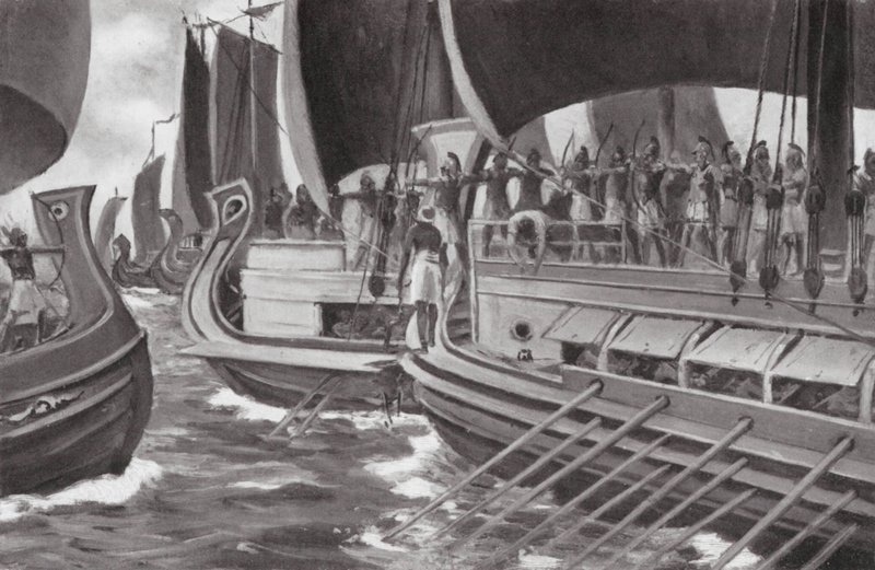 El primer combate marítimo de la historia (litografía) de Allan Stewart