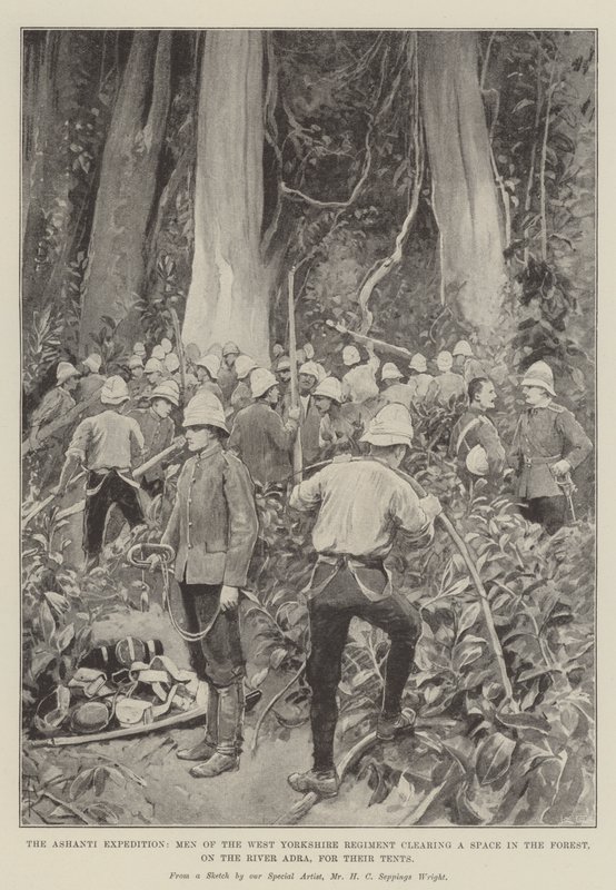 La Expedición Ashanti, Hombres del Regimiento de West Yorkshire despejando un Espacio en el Bosque, en el Río Adra, para sus Tiendas de Amedee Forestier