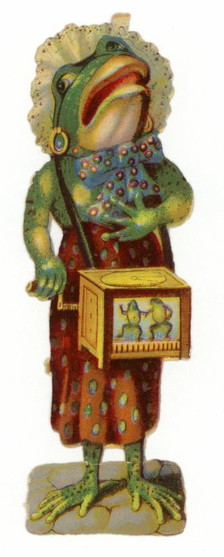 Rana dando cuerda a una caja de música de American School