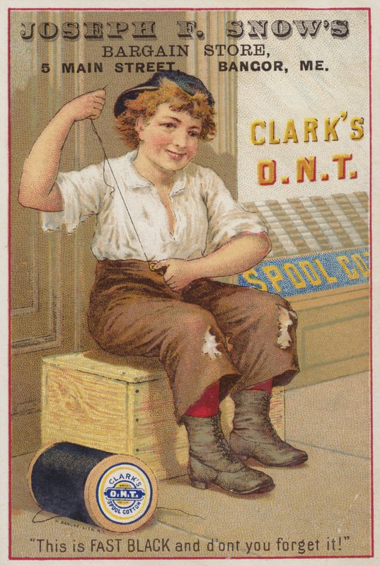 Niña cosiendo botón en pantalones de American School