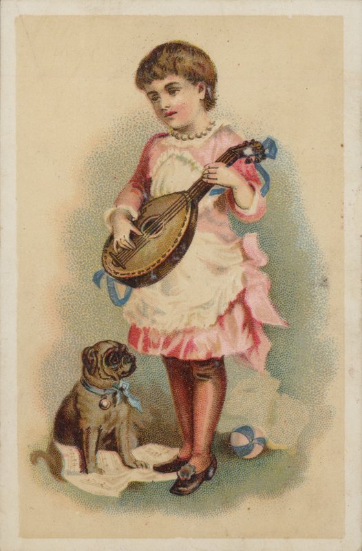 Niña tocando una mandolina, con un perro de American School