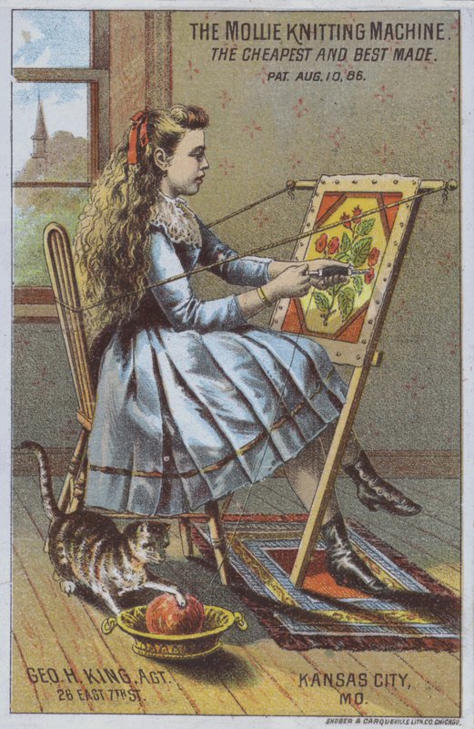 Niña usando una máquina de tejer de American School