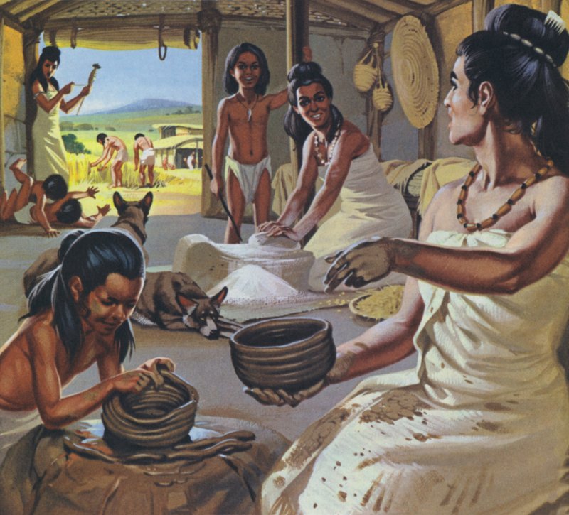 Primeros agricultores en casa (litografía en color) de Angus McBride