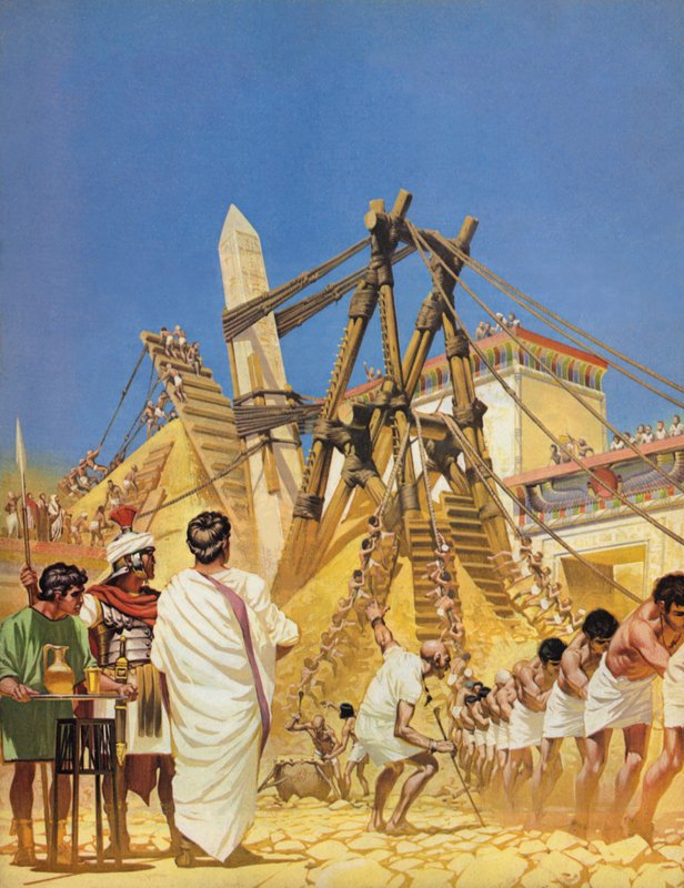 Levantamiento de la aguja de Cleopatra en Egipto (litografía en color) de Angus McBride